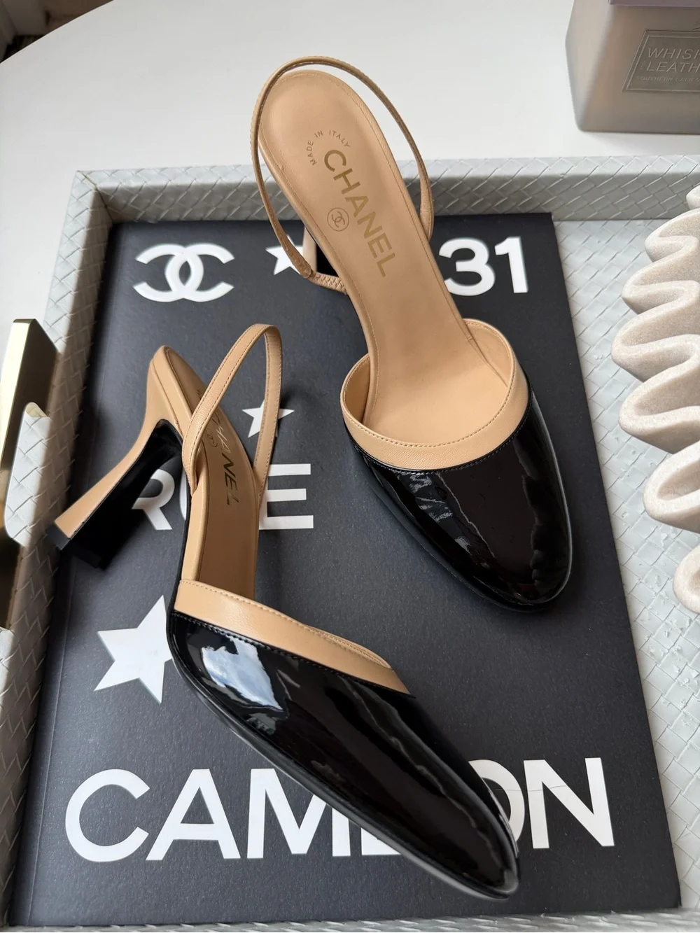 CHANEL SS 26 BLACK BEIGE 2 TONE LEATHER PATENT HEELS SLINGBACKS PUMPS SHOES 38